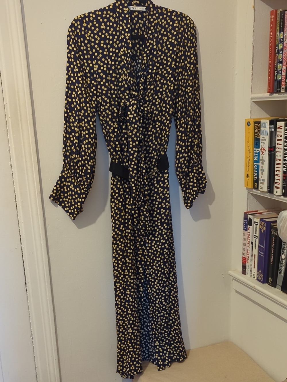 Zara Black Polka Dot Long Sleeve Maxi Dress - Yellow Dot Print Size S